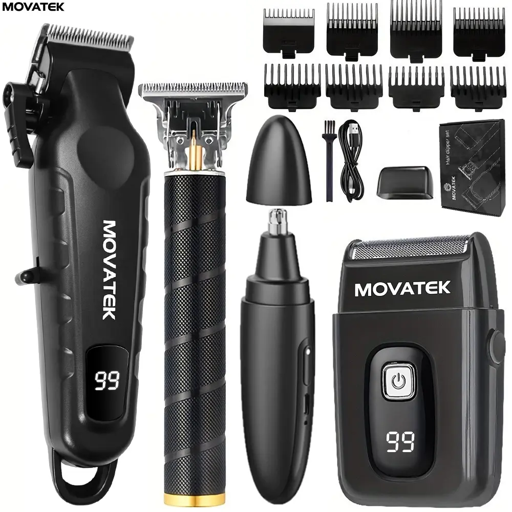 Men's 3-4-Piece Black Professional Clipper & Trimmer & Razor Kit, USB Rechargeable Barber Cutting Set with Nose Trimmer, Shaver,LCD Display, Adjustable Blade, Cordless Design for Face & Body, For Birthday Gift,Father's Day