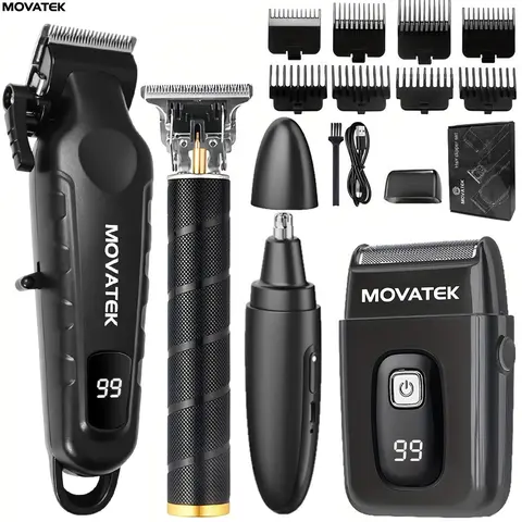 MOVATEK Men's 3-4-Piece Matte Metallic Black Lightweight Professional Clipper Kit - USB Rechargeable Cordless Barber Set with Trimmer, Razor, Nose Trimmer, Shaver, LCD Display, Adjustable Blade for Daily Smooth Face & Body Use, Father's Day Gift