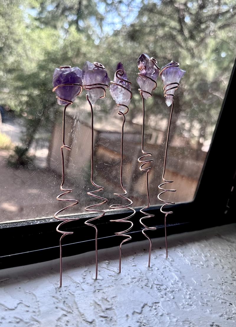 Pure Copper Electroculture plant spikes~potted plant stakes for better plant growth~whimsical wire wrapped crystal garden decor~gemstone garden spikes