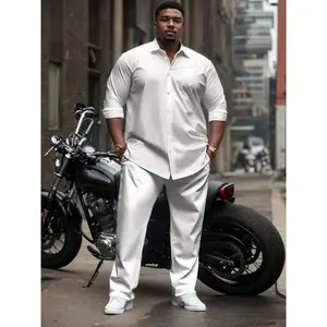Men's Plus Size Casual Suit Set - Polyester Lapel Shirt with Slight Stretch, Solid Color Woven Bottoms, Men's Tactical Cargo Work Pants Women's Lace Zipper Shapewear Romper