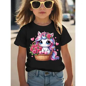 Adorable Unicorn & Rose Basket Print T-Shirt for Girls - Soft Polyester, Casual Round Neck Top, Perfect for Spring/Summer