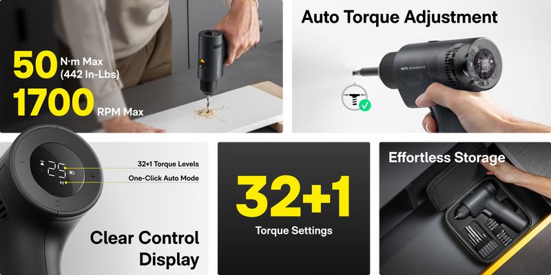 HOTO 16V Brushless Power Drill, 50 N·m High Torque with Smart Display, Auto Mode and LED Light, 10 Bits, 5 Drill Bits, 3/8” Keyless Chuck, Two Working Modes, Perfect for Home Repairs and Projects