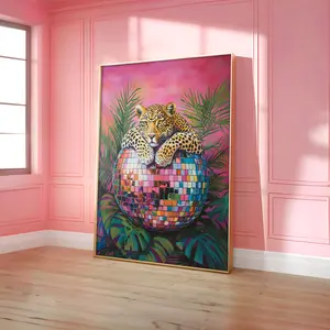 Leopard on Disco Ball Poster, Leopard Wall Art, Maximalist Wall Decor, Jungle Leopard Print, Vibrant Maximalist Prints - Optional Frame