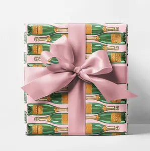 Champagne Bottle Wrapping Paper, Pink & Green Gift Wrap, Bridal Shower Wrapping Paper, Gift Wrap For Her