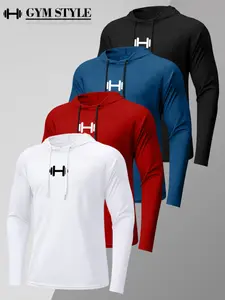 Men's Long Sleeve Gym Hoodie, Quick Dry Raglan Sleeve Workout Shirt, Dumbbell Graphic Athletic Top for Bodybuilding, Fitness, Training, Running, Casual, Gym T Shirts