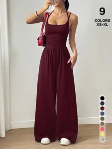 TFNOSIZE Women's Backless Spaghetti-Strap Top & Wide-Leg Sweatpants — Women's Matching Set: A figure-hugging, casual yet sexy jumpsuit, perfect for everyday wear.