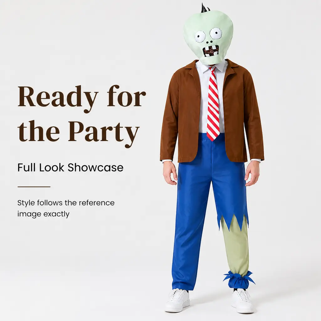 Zombie Cosplay Costume with Mask, Kids & Adults Plants vs Zombies Fancy Outfit, Full Set Shirt Jacket Tie Pants, Halloween Party Game Character Dress Up Suit