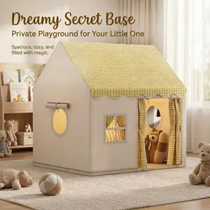 Dreamy Plaid Kids Play Tent, warm indoor play hut with simple plaid design, suitable for bedrooms and kids' play areas
