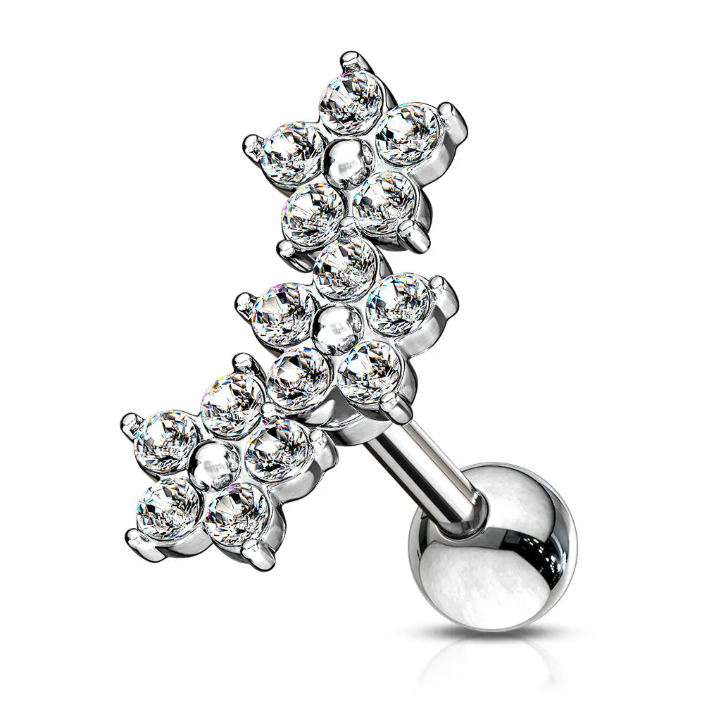 Triple CZ Crystal Flower Cluster Labret Monroe Lip Cartilage Helix Tragus Conch Ear Lobe Barbell Stud  - 316L Stainless Steel
