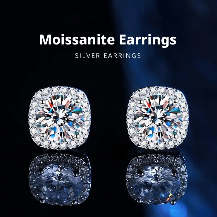 Women's S925 Silver Square Moissanite Ear Studs - D-Color VVS Synthetic Stones, Minimalist Casual Style, Strong Fire Color, Diamond Tester Pen Included for Adults