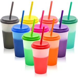 Color Changing Cups 10 count 12oz Plastic Tumblers With  and Straws for Iced Coffee Smoothie -  Leak Proof Party Cups for