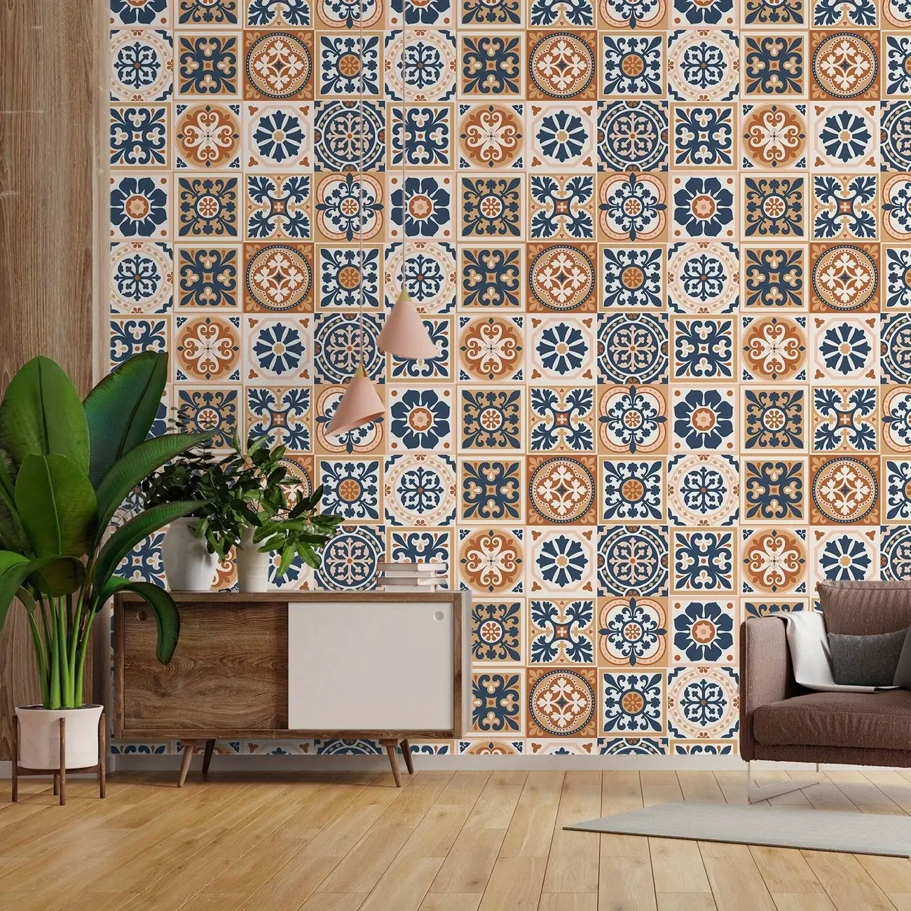 Vintage Moroccan Tile Peel & Stick Wallpaper, Removable Blue & Terracotta Floral, Mould-Proof, Renter Friendly, Living Room Decor, Interior Walls, Peel And Stick Wallpaper