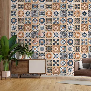 Vintage Moroccan Tile Peel & Stick Wallpaper, Removable Blue & Terracotta Floral, Mould-Proof, Renter Friendly, Living Room Decor