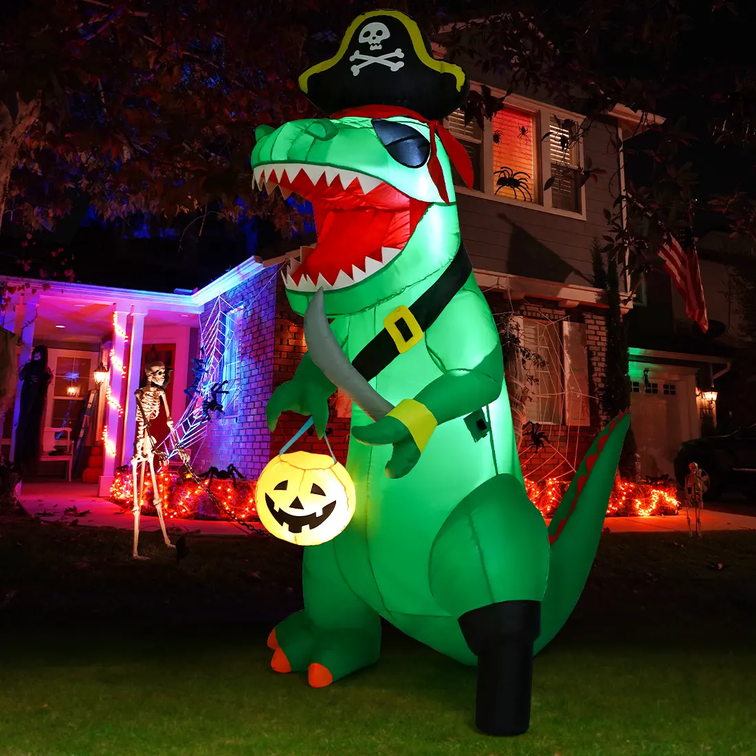 7 FT Halloween Inflatables Dinosaur Outdoor Decorations Blow Up Yard Pirate Dinosaur with Pumpkin Decoration with Built-in LEDs for Indoor Party Garden Lawn Decor