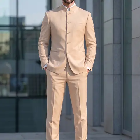 Men's 2-Piece Retro Vintage Chinese Suit - Fitted Stand Collar Long Sleeve Tops & Pant Set, Formal Gentleman Outfit for Parties