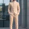 Men's 2-Piece Retro Vintage Chinese Suit - Fitted Stand Collar Long Sleeve Tops & Pant Set, Formal Gentleman Outfit for Parties