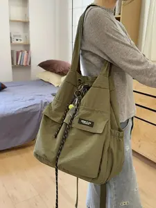 Simple Solid Color Drawstring Tote Bag, Large Capacity Shoulder Bag, Versatile Commute School Backpack, Stylish Everyday Essential