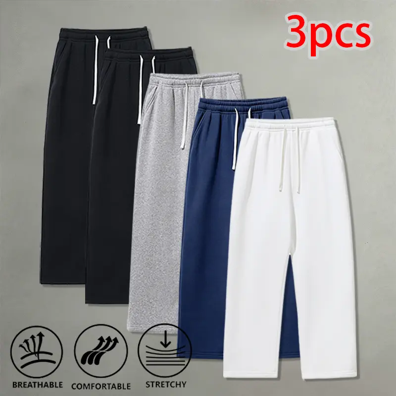 Basic solid-color drawstring wide-leg pants, 3-pack — soft fabric, suitable for fitness, walking, and casual wear, with a drapey feel