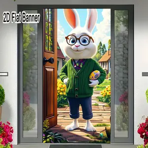 2D flat banner, 1pcAnimated White Bunny Easter Egg Prop with Glasses Cardigan - Cute Garden Party Decor for Spring Celebrationsgalentines party decor, valentine day decor, decorations for valentines day