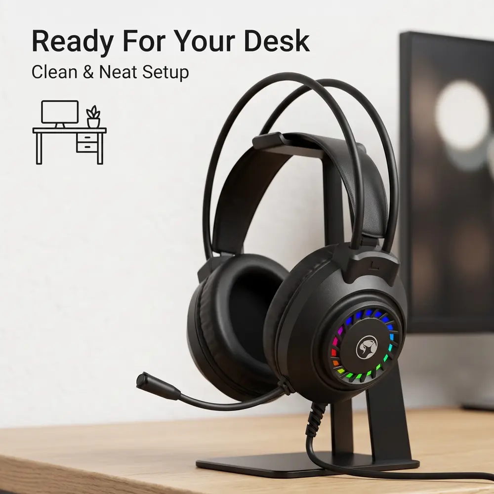 Dual-beam Over-Ear Wired Gaming Headset - Classic Esports Style, 40mm Driver, RGB Light, Omnidirectional Mic, USB+3.5mm Dual Interface for PC Gamers, Online Class
