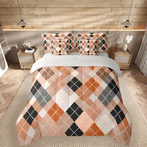 Traditional Argyle Pattern Comforter Set with Sheets 7 Piece Plaid Bedding Set Orange Checkered Striped Classical Bed in a Bag Room Decor Soft Microfiber
