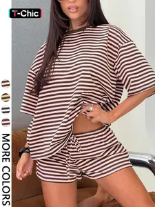 2 Spring Summer Striped Print 2 Piece Outfit Women Womenswear | Oversized T-Shirt + Drawstring Shorts | Soft Casual Lounge Set | Y2K Clean Girl Style for Daily Home Vacation Wear