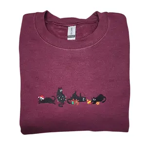 Embroidered Christmas Cats Sweatshirt, Meowy Christmas Cats Embroidered Unisex Sweatshirt, Sweatshirt Black Cats