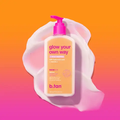 b.tan 1 Hour Express Dark Self Tan Lotion - Vegan Moisturizing Body Care, Non-Toxic & Natural Glow Self-Tanner for Adults, Normal/Uneven Skin, Transfer-Resist, Fragranced, Smooth Natural Bronze, Rinse-Free, Hyaluronic Acid + Vitamin C, Face & Body