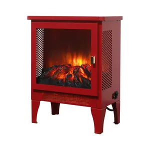 17 inch Freestanding Electric Fireplace Stove Heater with 3D Flame Effect Classic Red CSA/UL Certified 1400W/700W Heat 50000 Hours LED Light 3-Sided View Design Golden Door Handle