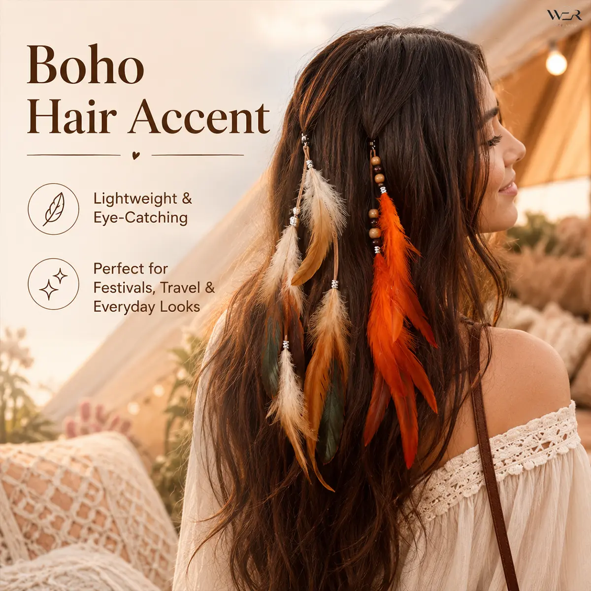 Women's Boho Feather Beaded Strand Hair Clip - Orange, Pink, Red, Blue, Sparkling, Elegant, Lightweight, Versatile, Wooden Beads, 32x4cm, 5.5g, Everyday Accessory, Summer Gift for Special Occasions, Beaded Strand Hair Clips