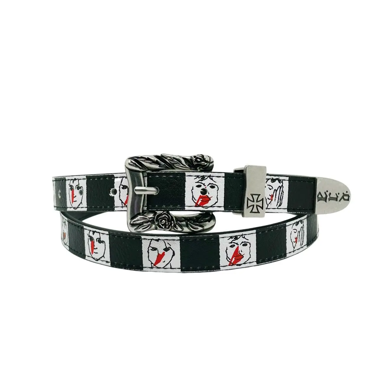 Nose Bleed Belt Men Women Character Hand Painted Pattern Checkerboard Black White Washed High Street