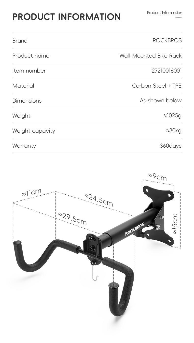 ROCKBROS Bicycle Wall Mount Sturdy Bicycle Holder Adjustable Up to 15kg