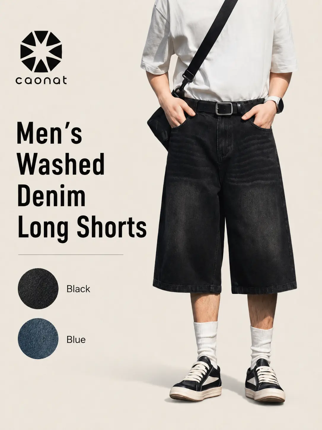 CAONAT Menswear Baggy Denim Jorts - Soft Washed Fabric, Lightweight, Loose-Fitting, Elastic Waist, Wide Legs, Plain, Below Knee, Breathable, Outdoor Casual Summer Streetwear Bottoms (Pairs with Outfits/Sneakers, Father's Day Gift), Baggy Jorts, Lightweigh