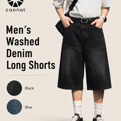 CAONAT Men's Baggy Denim Jorts Soft Washed Fabric, Lightweight, Breathable, Elastic Waist, Wide Legs, Plain, Below Knee Mens Clothing, Summer Casual Fashion Streetwear Bottoms (Pairs with Outfits, Clothes, Father's Day Gift)