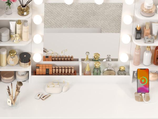 Lifewit Vanity with Mirror Adjustable Lighting, 2 Power Outlets/USB Ports, Makeup Desk with Storage Stool, 8 Open Shelves, 2 Drawers, Lipstick Holders