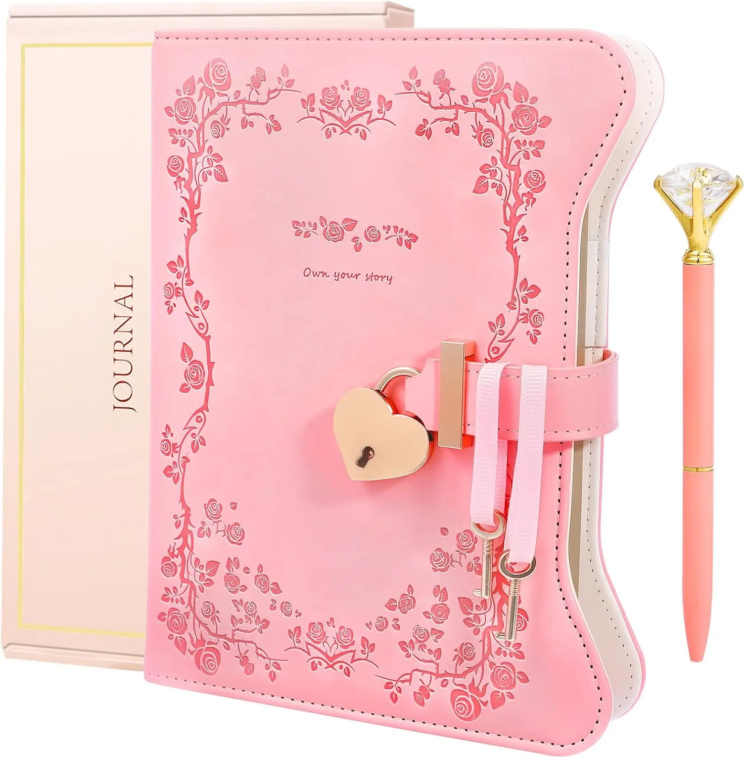Diary with Lock and Key for Girls & Women, Heart-Shaped Locking Journal Gift Set with Diamond Pen, 360 Gilded Pages A5 Faux Leather Secret Writing Notebook for Teens Age 8-14(Garden Pink)