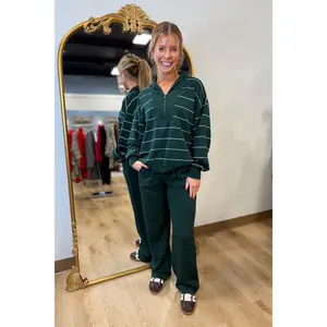 V Neck Scuba Stripe 2 Piece Set Green