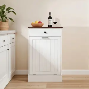 Tilt Out Trash Can Cabinet Hidden Wooden with Drawer Free Standing Garbage for Kitchen 10 Gallon Farmhouse Laundry Hamper White MDF Odor Resistant Space Saving Regular Door