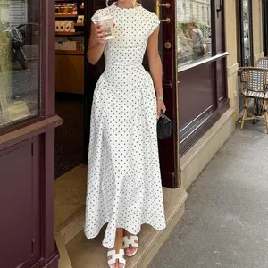Polka Dot Sleeveless Maxi Dress for Women,Cap Sleeve O-Neck Elegant Summer Party Long Dress, Casual Holiday Style, Womenswear