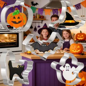 A 5-piece set of essential Halloween baking tools for parties, including 5 classic ghost pumpkin shaped cookies and frosting, can be used to create a festive atmosphere, fun parent-child interaction, high aesthetics, and a sense of ceremony