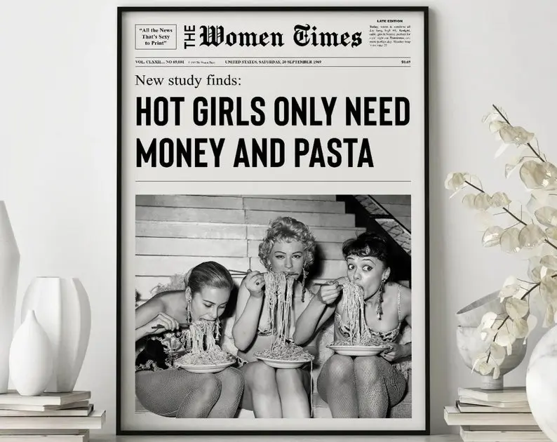 Poster Pasta Art Print, Newspaper Print, Girl Dorm Room Art, Girls Having Fun Print, Black and White Print, Bar Cart Art, Fashion Print