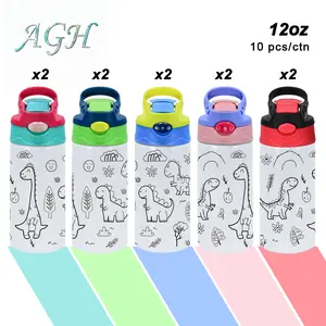 AGH 10pcs 12 oz ‘Drawing Painting’ Cups Stainless Steel Kids Tumbler with Flip Handle Lid & Acrylic Maker for Children Birthday Gift Drinkware Flasks Matte Surface Insulated Bottle