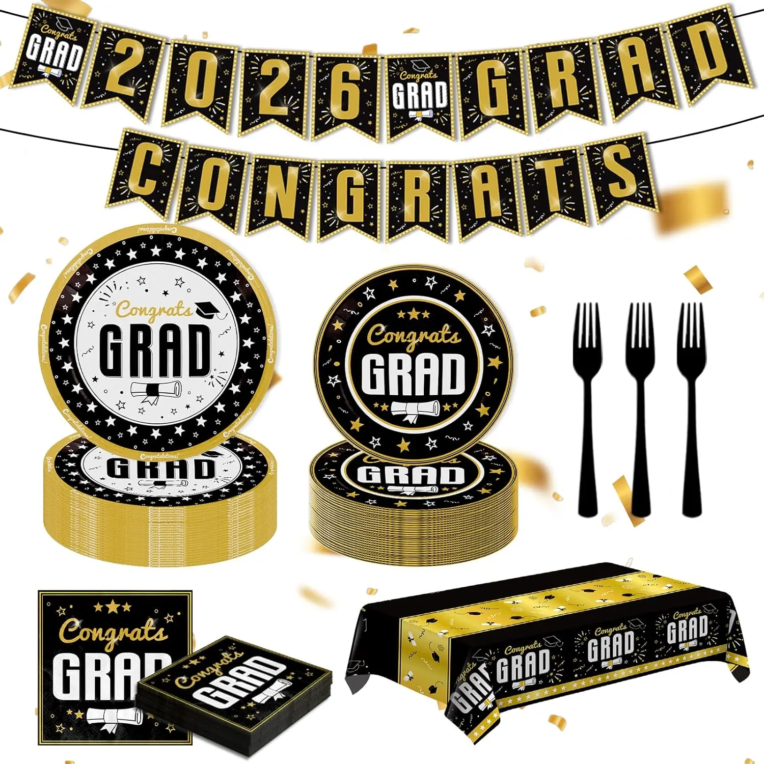 2026 Graduation Disposable Plastic Tableware Set for 25 Guests - 102 Pcs Waterproof Kit with Plates, Napkins, Forks, Tablecloth, American Flag Banner for School Graduation, Water Proof