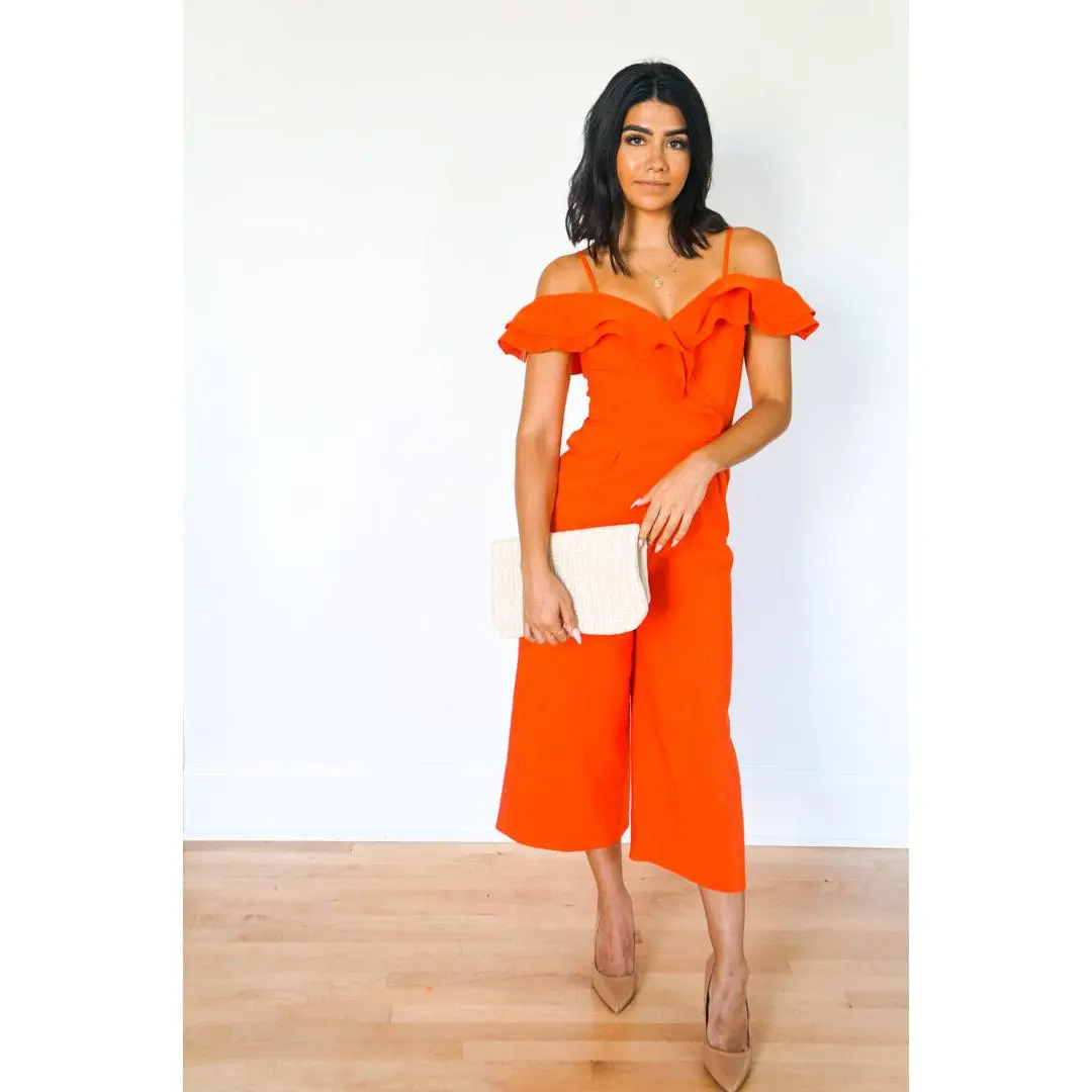 On My Level- Orange Ruffled Off Shoulder Midi Jumpsuit