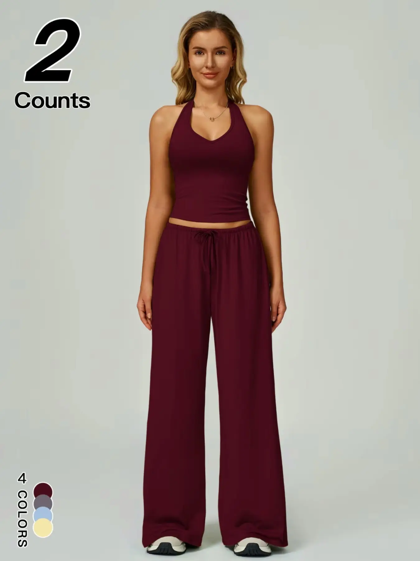 Sporty Two-piece Set Women's Solid Crop Tank Top & Draped Wide Leg Pants Set, Casual V Neck Sleeveless Top & Trousers for Daily Outdoor Wear, Ladies Sportswear for Tennis Running, Workout Clothes, Casual Athletic Sportswear, Workout Sets