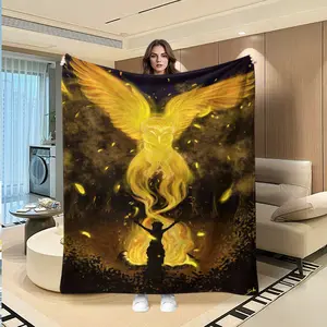 Mystical Fantasy Soul Owl Flannel Blanket, Deep Gold Flame Leaves, Soft Breathable Meditation Gift, Home Decor Multi-Use Throw