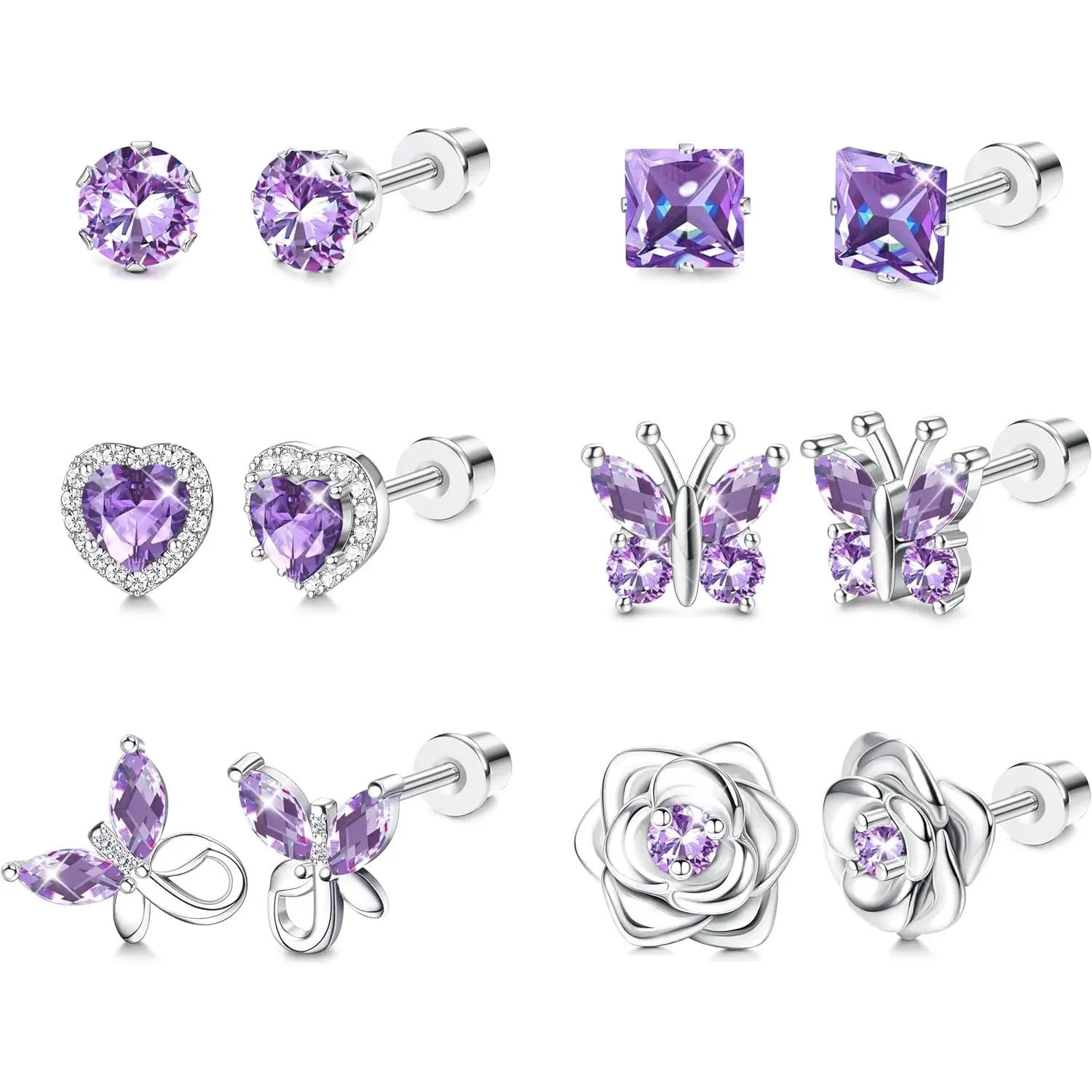 THUNARAZ Women's Earrings, 6-Piece Dainty Metal-Coated Stainless Steel Stack, Hypoallergenic Screw-Back for Sensitive Ears, Minimalist CZ Gemstone (Butterfly/Flower/Heart) Birthstone Gift for Daily Outings, Christmas, Earrings For Women