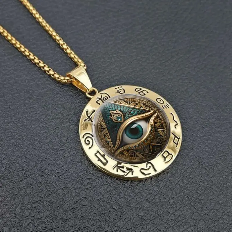 Unisex Ancient Egyptian Eye of Horus Round Glass Pendant Necklace - Metal Coated Chain & Link, Hieroglyphic Text, Protection Wisdom Eye Motif, Durable Costume Jewelry, Daily Everyday Wear Gift for Christmas Birthdays