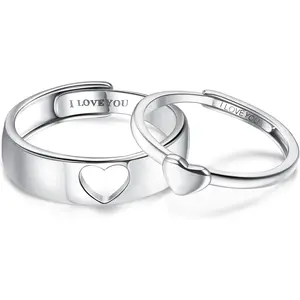 Matching Couple Rings" 925 Sterling Silver Heart Promise Rings Adjustable Butterfly Rings for Him & Her, Engagement Wedding Band Set, Valentine's Day Gifts, Romantic Anniversary Gift, Trendy Minimalist Jewelry