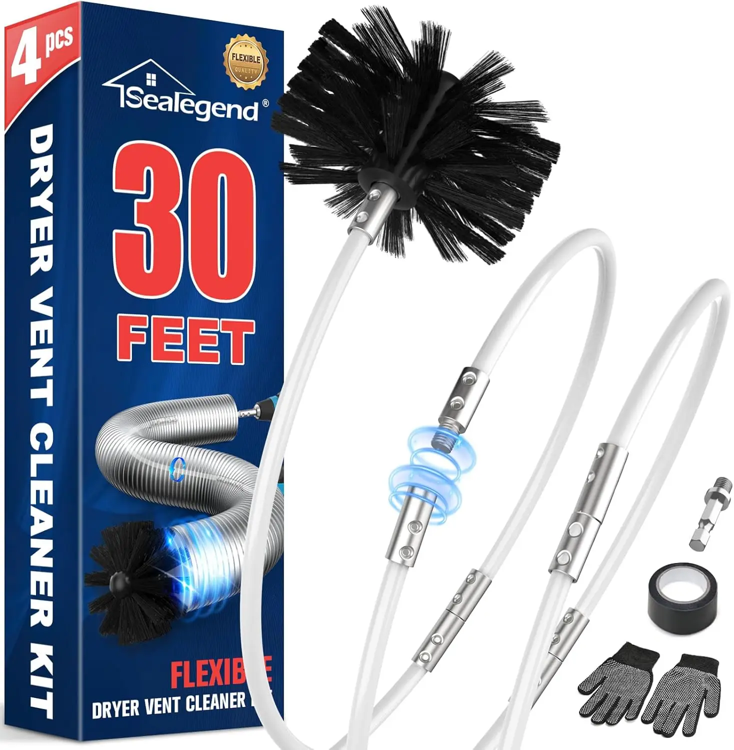 Sealegend 30 Feet Dryer Vent Cleaner Kit,Lint Remover Fireplace Chimney Brushes,Extends Up to 30 Feet with Drill Attachment,Synthetic Brush Head,Use w